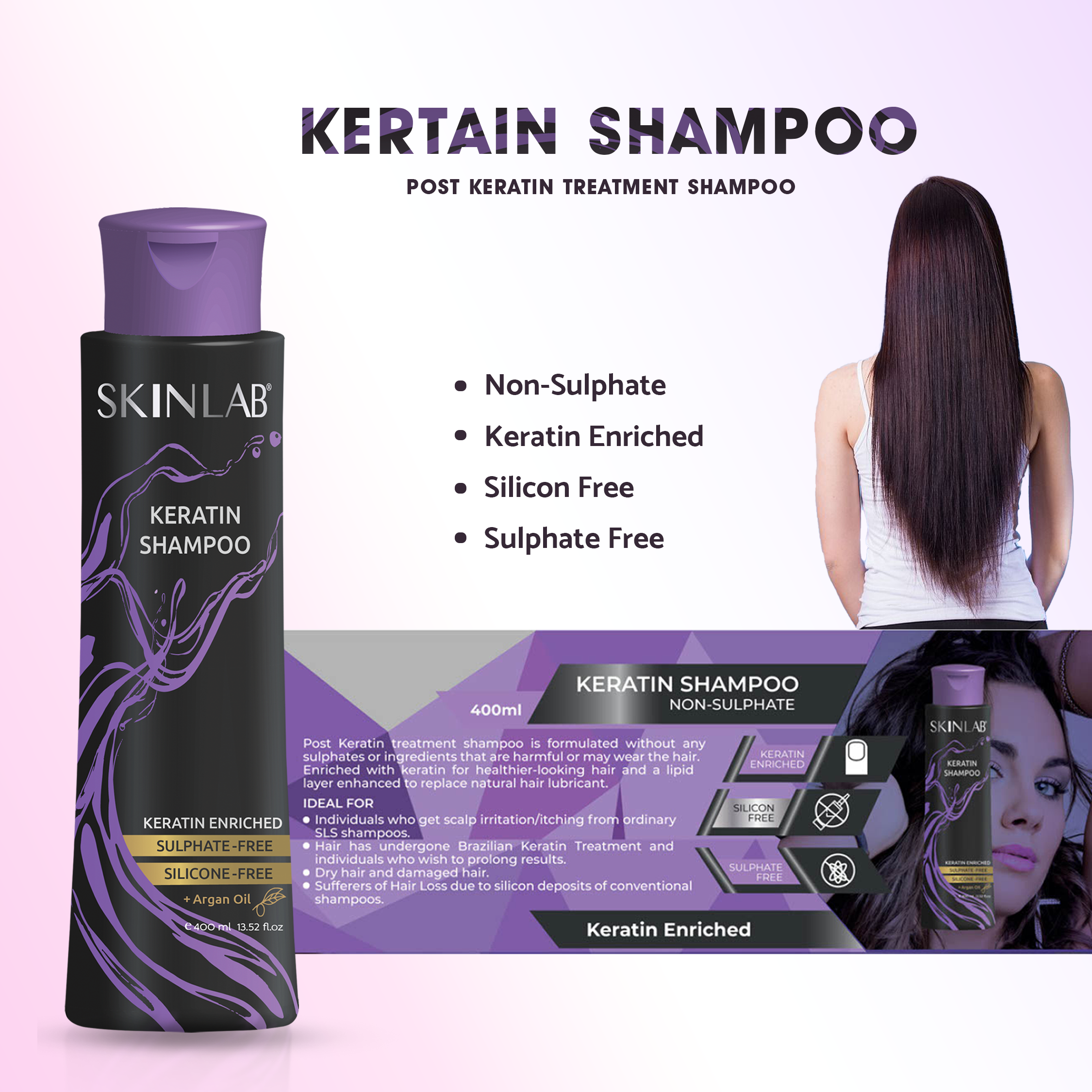 SKINLAB Keratin Shampoo 400ml | Keratin Enriched, Sulphate Free, Silicone Free, +Argan Oil